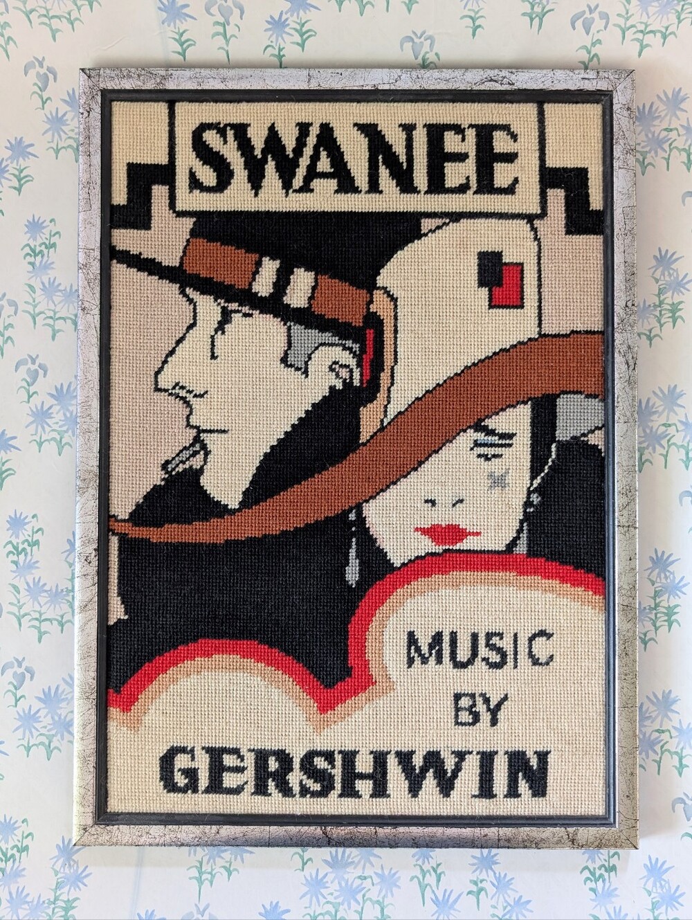 Vintage Swanee Music by Gershwin Needlepoint Art Deco Framed Wall Art Musical